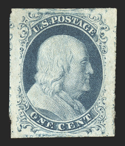 7, 1c Blue, Ty. II, position 48R2, showing a double transfer at bottom, an extraordinary unused single, boasting huge margins all around, plus its color is uncommonly strong and
rich, crisp detailed impression, extremely fine 2007 PSE certifica