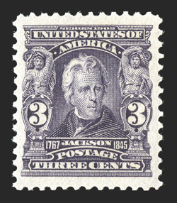 302, 3c Bright violet, a striking jumbo-margined mint single, sporting lavishly large margins which are most uncharacteristic of this, good color and fine impression on fresh
paper, o.g., l.h., extremely fine seldom found this well margined 20