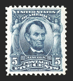304, 5c Blue, an especially choice mint example of this difficult value, precisely centered within considerably larger margins than most, luxuriant rich color and sharp
impression, unblemished o.g., n.h., extremely fine 2000 PF certificate for