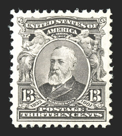 308, 13c Purple black, marvelously well centered within balanced margins, rich fresh color on unusually clean white paper, o.g., n.h., an extremely fine gem 1997 PSE
certificate.