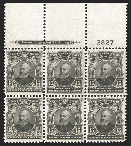 308, 13c Purple black, gorgeous full top margin imprint and plate no. 3827 block of six, sumptuously rich color, especially well centered, fresh and crisp, o.g., faint trace of
hinging in the bottom center stamp, others n.h., extremely fine an