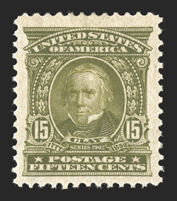 309, 15c Olive green, well centered within very large margins all around, strong color, o.g., lightly hinged, extremely fine this stamp is rarely seen with margins this large
2010 PF certificate.