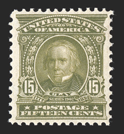 309, 15c Olive green, beautifully centered within large margins, sumptuously rich color and sharp impression, o.g., l.h., extremely fine photocopy of 1999 PF certificate for a
block of four, this being the top left stamp.