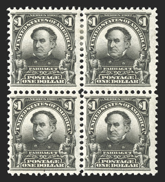 311, $1.00 Black, mint block of four, strong color, o.g., bottom right stamp never hinged, top pair with small h.r., bottom left stamp with tiny thin speck, otherwise fine 2010
PF certificate.