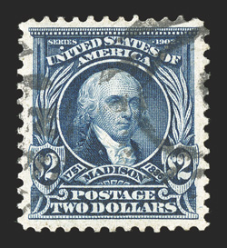 312, $2.00 Dark blue, particularly choice used single, wonderfully well centered amid balanced margins, deep rich color and sharp impression on clean paper, relatively lightly
cancelled, extremely fine actually quite scarce this nice 2000 PSE