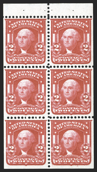 319g, 2c Carmine, booklet pane of six, position A, a flawless mint pane, incredibly well centered, large even margins all around, radiant color on fresh white paper, crisp and
intact, pristine o.g., n.h., extremely fine 2001 PF certificate.