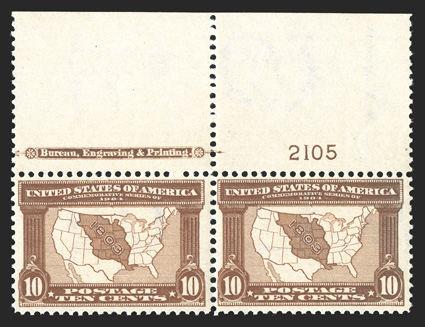 327, 10c Louisiana Purchase, full top margin imprint and plate no. 2105 pair, deep rich color, fresh and intact, o.g., very lightly hinged, fine-very fine 2002 PF
certificate.