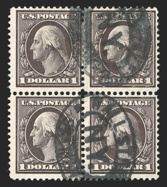 331-42, 1c-$1.00 Washington and Franklin cplt., used blocks of four, 1c-5c with 2mm spacing, generally well centered and fresh, relatively lightly cancelled, some with
reinforced perf. separations, 13c with some nibbed perfs. and a small tear at