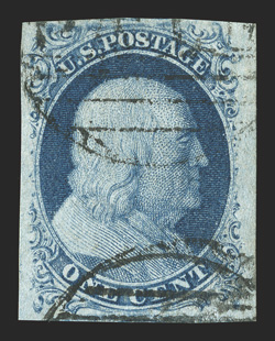 7, 1c Blue, Ty. II, choice used example, featuring particularly large margins all around, good color and crisp impression on fresh white paper, neat Boston Paid in grid cancels,
an extremely fine gem 1997 PF and 2006 PSE certificates.