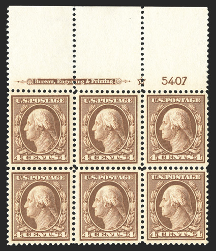 334, 4c Orange brown, an incredibly choice full top margin imprint, star and plate no. 5407 block of six, being wonderfully well centered throughout, plus its color is
sumptuously rich and the impression is razor sharp, extraordinarily fresh, wi