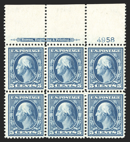 335, 5c Blue, a gorgeous full top margin imprint and plate no. 4958 block of six, featuring extraordinary centering for a plate block of this, rich color and sharp impression
on fresh paper, strong and intact perforations, o.g., bottom center st
