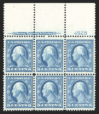 335, 5c Blue, handsome and fresh full top margin imprint and plate no. 4928 block of six, particularly well centered, rich powdery shade, strong and intact, o.g., top center
stamp l.h. and the rest n.h., choice very fine.