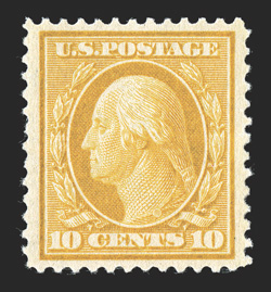 338, 10c Yellow, choice mint example, extraordinarily well centered amid larger margins than most, radiant rich color on fresh paper, pristine o.g., n.h., an extremely fine gem
1993 PF certificate.