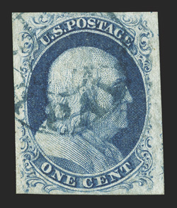 7, 1c Blue, Ty. II, large margins all around, lovely rich color and a well incised impression, blue double circle BaltoPaid postmark, extremely fine and handsome 1993 PSE
certificate.