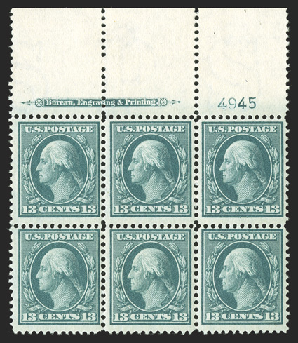 339, 13c Blue green, attractive full top margin imprint and plate no. 4945 block of six, luxuriant deep color on fresh paper, crisp and intact, o.g., bottom stamps l.h. and the
top stamps n.h., fine-very fine.