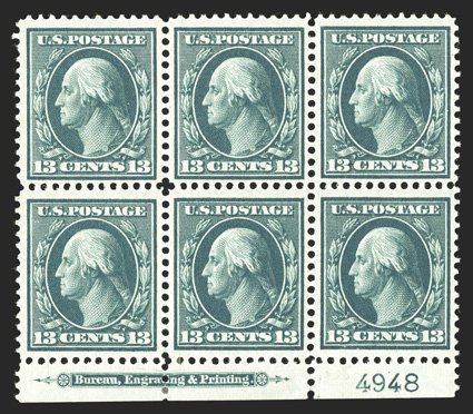 339, 13c Blue green, bottom margin imprint and plate no. 4948 block of six, without the line through TAG of POSTAGE on the bottom center stamp which normally occurs on this
position on this plate, well centered, o.g., l.h., three stamps n.h.