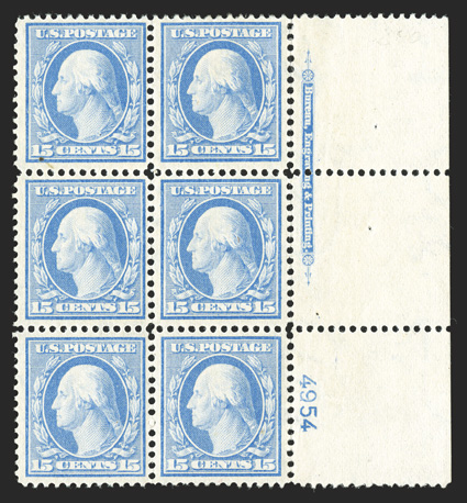 340, 15c Pale ultramarine, right margin imprint and plate no. 4954 block of six, attractively centered, o.g., h.r., four stamps n.h., top left stamp with a natural inclusion,
very fine.