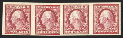 344H, 2c Carmine imperforate coil, horizontal format, paste-up strip of four showing 3mm spacing, o.g., n.h., very fine 2010 PF certificate a plain hinged strip of four
catalogs $100.00.