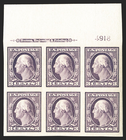 345, 3c Deep violet imperforate, full top margin imprint and plate no. 4918 block of six, lavishly large margins, strong color on immaculate paper, o.g., n.h., extremely fine
and choice.