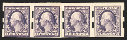 345, 3c Deep violet imperforate, Schermack Ty. III perforations, paste-up strip of four, with plate no. 5121 on the paste-up tab, o.g., very lightly hinged, the end stamps
n.h., fine.