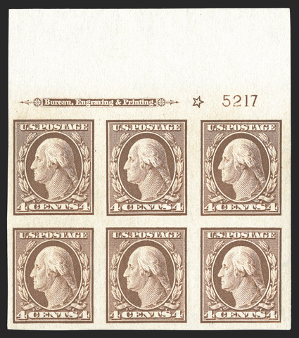346, 4c Orange brown imperforate, full top margin imprint, star and plate no. 5217 block of six, large to very large margins, post office fresh, pristine o.g., n.h., extremely
fine.