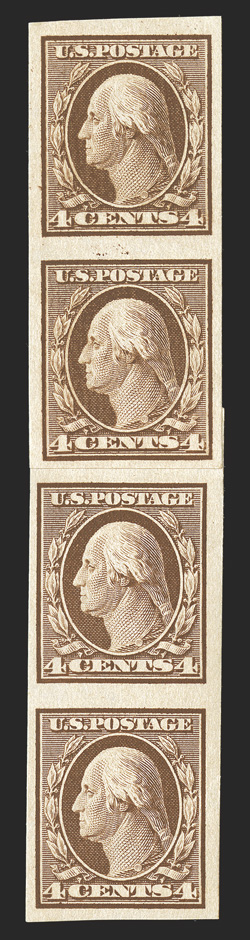346V, 4c Orange brown imperforate coil, vertical format, paste-up strip of four, excellent centering, o.g., l.h., choice very fine signed Sloane and accompanied by 2010 PF
certificate a plain strip of four catalogs $375.00.
