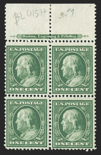 357, 1c Green on bluish paper, top sheet-margin imprint block of four showing 2mm spacing, o.g., hinged in the ungummed selvage, the stamps all n.h., fine-very
fine.