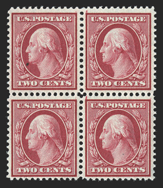 358, 2c Carmine on bluish paper, fresh mint block of four showing 2mm spacing, well centered, o.g., top left stamp l.h. and with a natural inclusion, the other three n.h., very
fine.