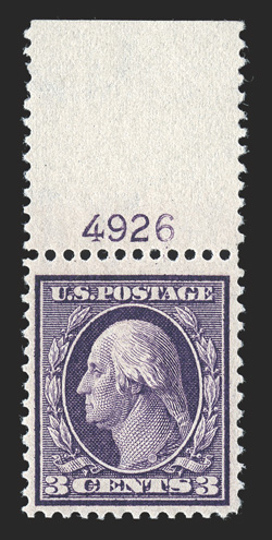 359, 3c Deep violet on bluish paper, handsome top sheet-margin plate no. 4926 mint single, well centered amid generous margins for this difficult value, rich color on fresh
paper that shows its bluing well, o.g., l.h., very fine plate number si