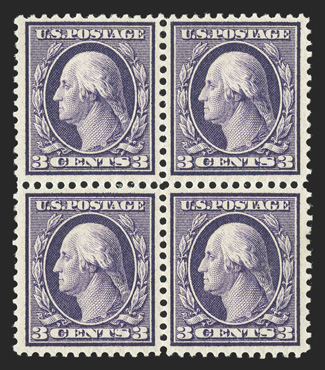 359, 3c Deep violet on bluish paper, an impressive mint block of four of this difficult value, wonderfully well centered and margined, rich color and strong impression on fresh
paper, strong and intact perforations, o.g., l.h., choice very fine