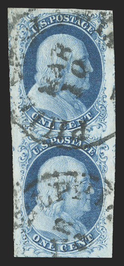 7, 1c Blue, Ty. II, a remarkable quality used vertical pair, being positions 212R2, huge margins all around, brilliantly rich color and a well incised impression on pristine
white paper, neat c.d.s. town cancels, an extremely fine and eye-appea