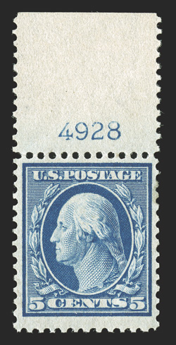 361, 5c Blue on bluish paper, a lovely top sheet-margin plate no. 4928 mint single of this very scarce value, large margins and attractively centered amid them, bright color on
strongly blued paper, o.g., l.h., very fine the scarcest bluish pap