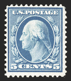 361, 5c Blue on bluish paper, prooflike color and impression on crisp paper, attractively centered, full clean o.g., lightly hinged, very fine an especially fresh example of
this Bluish Paper rarity 1975 and 2002 PF certificates ex-Lessin