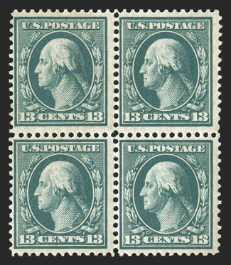 365, 13c Blue green on bluish paper, exceedingly scarce mint block of four, luxuriant color on strongly blued paper, strong and intact perforations all around, o.g., l.h., the
bottom pair n.h., fine among the last surviving mint blocks of four.