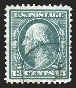 365, 13c Blue green on bluish paper, scarce used example, rich color, fairly well centered, light cancel, tiny perf. crease (insignificant), nearly very fine clear 1984 PF
certificate and a 2010 PF certificate.