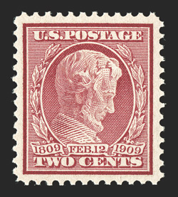369, 2c Lincoln on bluish paper, gem mint single, flawlessly centered amid lavishly large symmetrical margins, rich color on strongly blued paper, pristine o.g., n.h., an
extremely fine jumbo photocopy of 1997 PF certificate for the block of tw