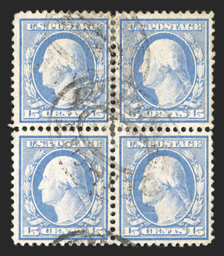 374-82, 1c-15c Washington and Franklin cplt., select used blocks of four, nicely centered, relatively lightly cancelled, including 8c in magenta, fine-very
fine.