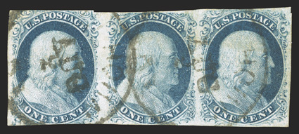 8 var., 1c Blue, Ty. III, position 99R2, the center stamp in a horizontal combination strip of three, with Ty. II stamps on each end, positions 98-100R2, ample margins to just
slightly in at points, deep rich color, two strikes of bold town