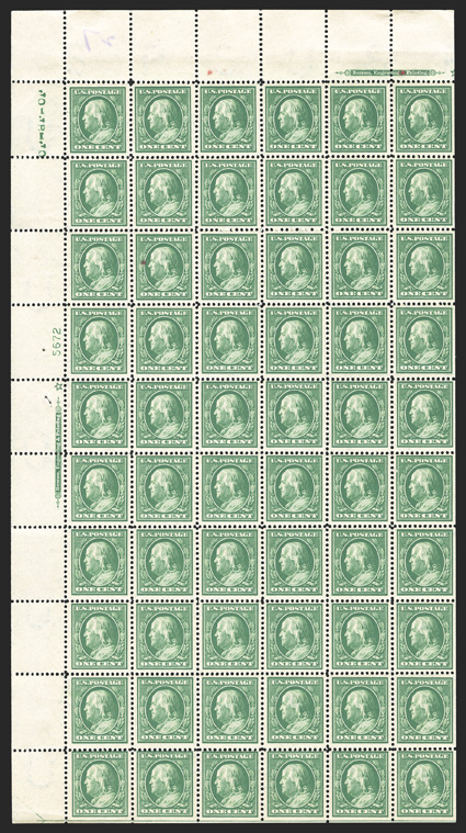 374 var., 1c Green, pane of 60, upper left pane of 60, with imprint, star and plate no. 5673 in the left margin and imprint only in the top margin, unusually well centered,
fresh and intact, o.g., one stamp small h.r. and one l.h., the others al