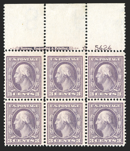 376, 3c Deep violet, Ty. I, select full top margin imprint, star and plate no. 5424 block of six, nicely centered, bright and fresh, pristine o.g., n.h., very
fine.