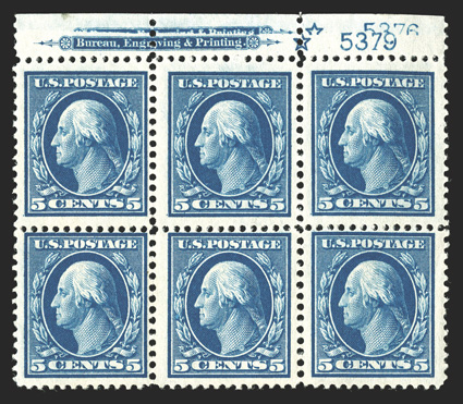 378, 5c Blue, top margin imprint, star and plate no. 5379 block of six, showing a strong double impression of the imprint, star and plate number, post office fresh, mixed
centering with the top right stamp being a huge-margined gem, o.g., n.