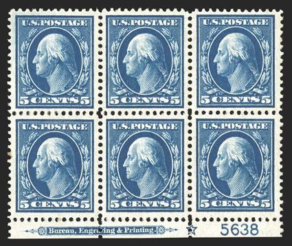 378, 5c Blue, bottom margin imprint, star and plate no. 5638 block of six, extraordinarily well centered throughout, with each stamp being precisely centered amid large
margins, intense color contrasted by fresh white paper, crisp and intact, o.