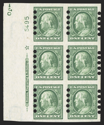 383, 1c Green imperforate, Mail-o-meter Ty. IV perforations, an exceedingly rare left margin imprint, star and plate no. 5495 block of six, large margins, o.g., l.h., fresh and
fine probably only a couple plate blocks exist 2010 PF certificate