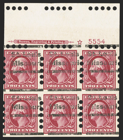 384, 2c Carmine imperforate, Mail-o-meter Ty. IV perforations, striking full top margin imprint, star and plate no. 5554 block of six showing 3mm spacing, precancelled St.
LouisMissouri, fresh and very fine only one mint plate block is known