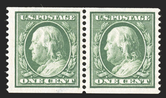 387, 1c Green coil, perf. 12 vert., pair with 3mm spacing, well centered within extraordinarily large margins, fresh color, o.g., lightly hinged, extremely fine 1998 PF
certificate.