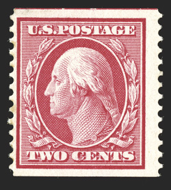 388, 2c Carmine coil, perf. 12 vert., a rarely offered mint single, bright color, o.g., lightly hinged, fine photocopy of a 1960 PF certificate for a pair, this being the right
stamp, as well as a 2003 PF certificate for the single.