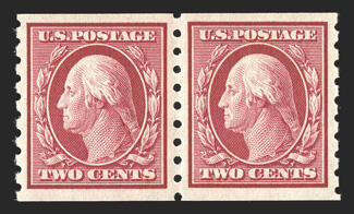 393, 2c Carmine coil, perf. 8½ vert., select quality mint pair, wonderfully well centered and margined, fresh color, o.g., n.h., extremely fine 2010 PF
certificate.