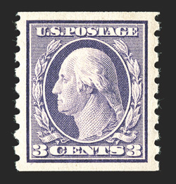 394, 3c Deep violet coil, perf. 8½ vert., an especially desirable mint single, being flawlessly centered amid uncommonly wide margins, bright color on immaculate white paper,
pristine o.g., n.h., an extremely fine gem in every regard 2010 PSE c