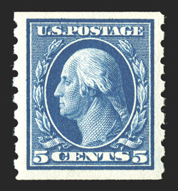 396, 5c Blue coil, perf. 8½ vert., premium quality mint single, sensational centering within oversized symmetrical margins which are quite uncharacteristic of this coil,
intense color and impression contrasted by bright white paper, o.g., n.h.,