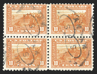 397-404, 1c-10c Panama-Pacific, perf. 12 and perf. 10 cplt., used blocks of four, 1c and 2c values with small faults, otherwise fine-very fine.